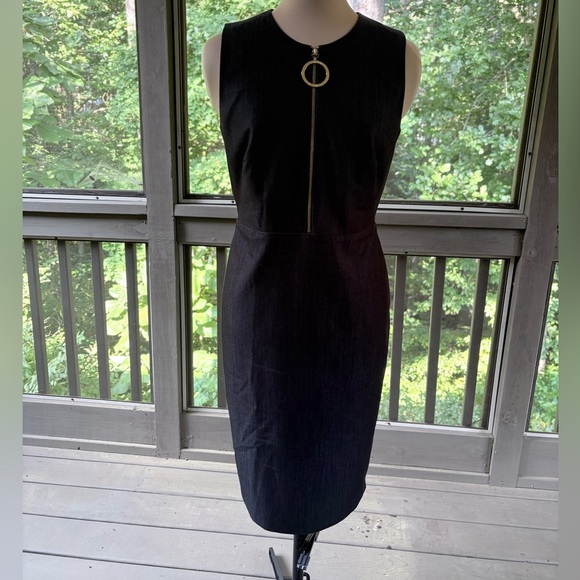 Calvin Klein Charcoal Midi Sheath Dress with Gold Zipper - Picture 1 of 7